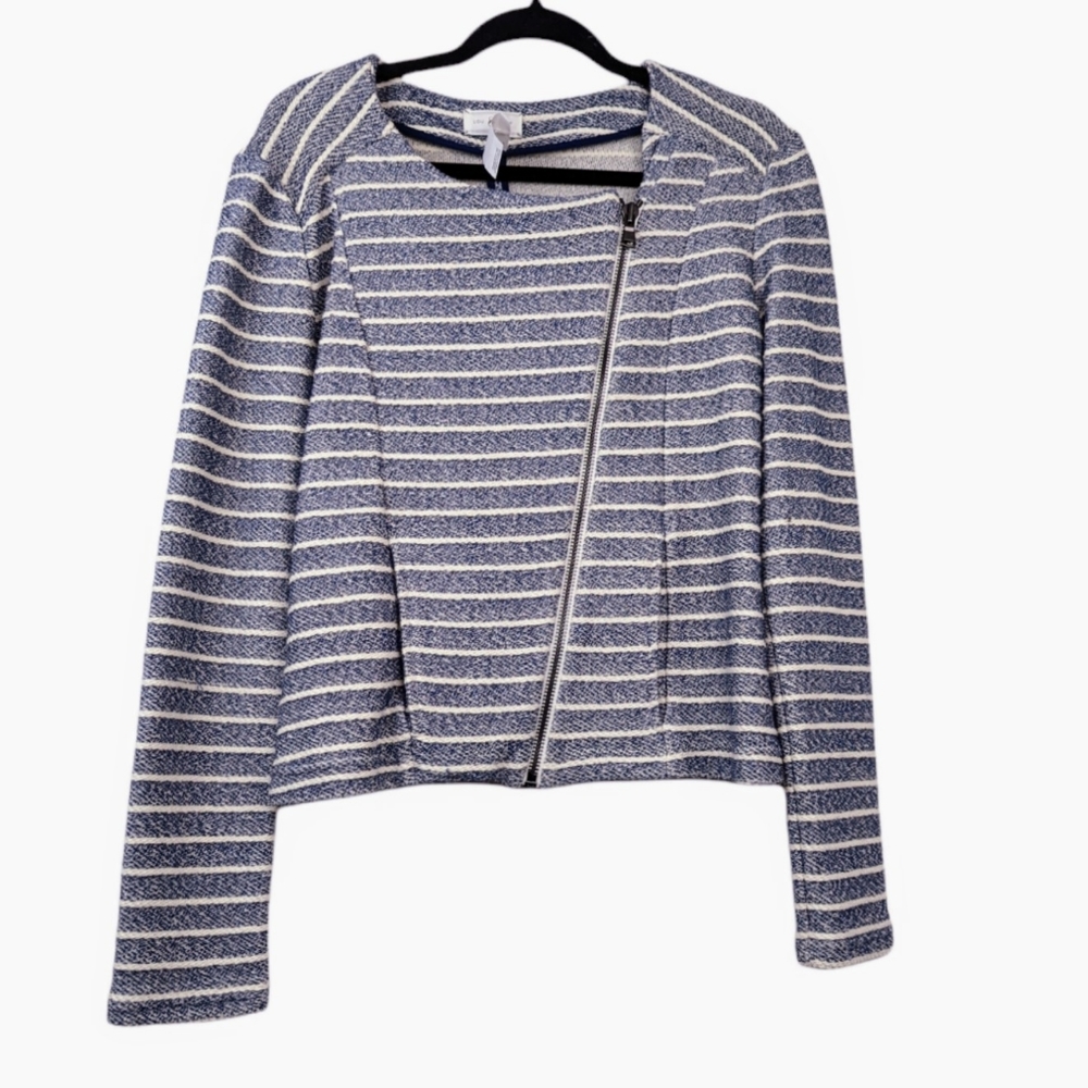 Lou & Grey Pointe Knit Navy & Ivory Striped Asymmetrical Zip Jacket